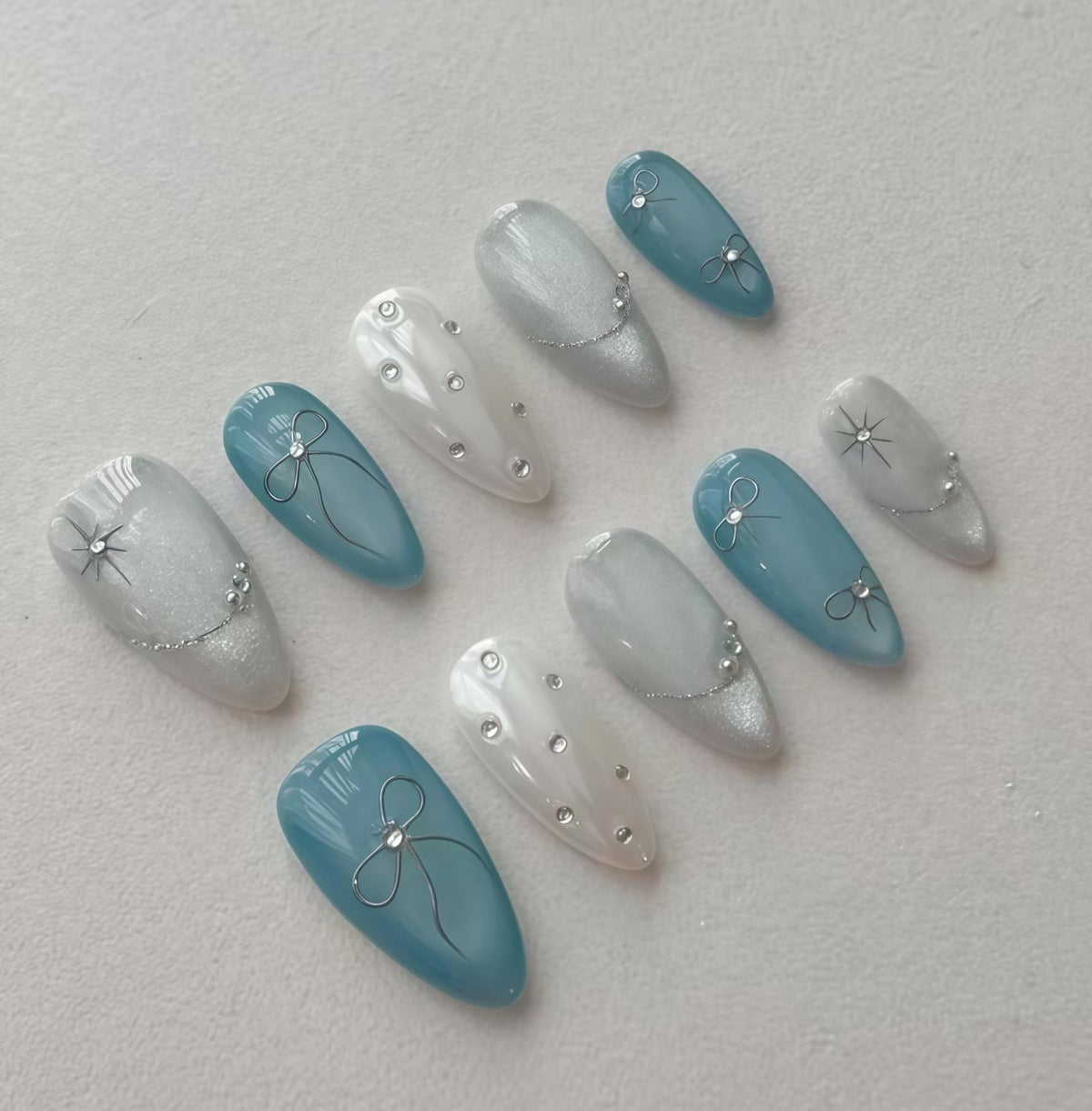 Teal Blue and Pearly Silver Bow and Rhinestone Nail Set