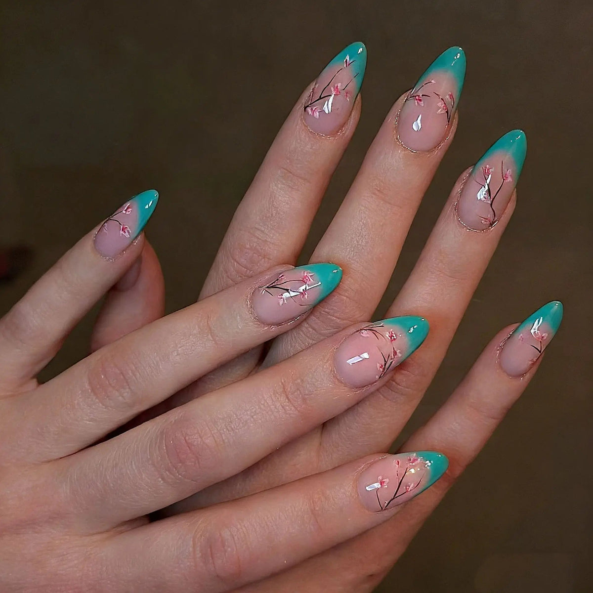 Teal French Tip Nails with Pink Floral Branch Design