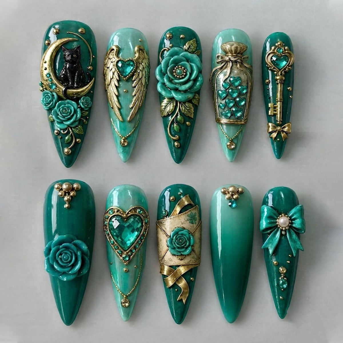 Teal Gothic Victorian Nail Set With Roses, Jewels, and Ornate Gold Motifs