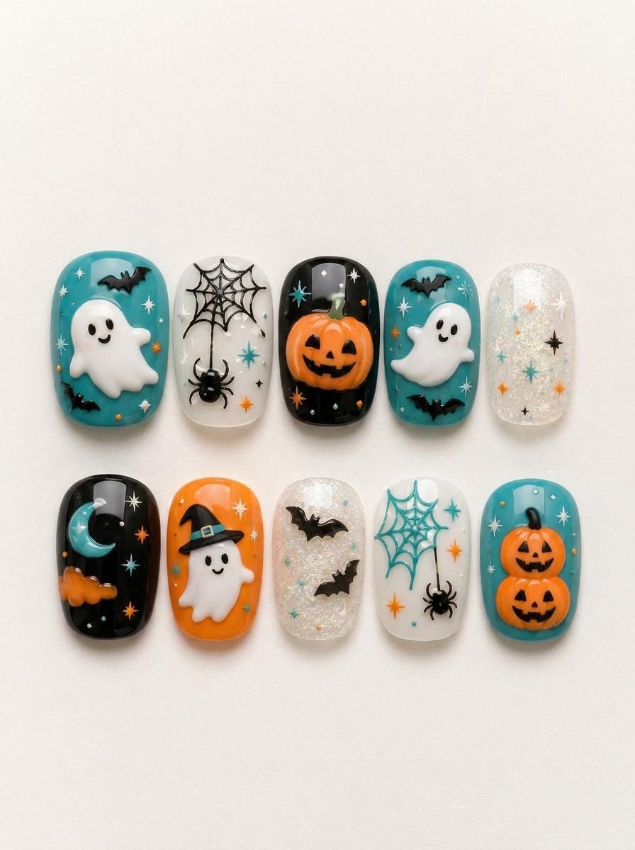 Teal Halloween Press On Nails With Ghosts, Pumpkins, Bats and Spiderwebs