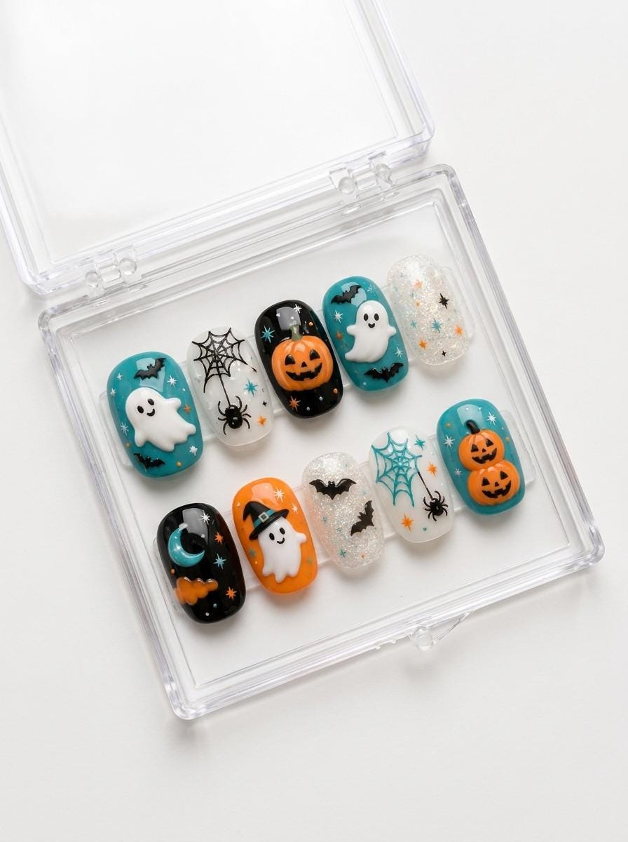 Teal Halloween Press On Nails With Ghosts, Pumpkins, Bats and Spiderwebs
