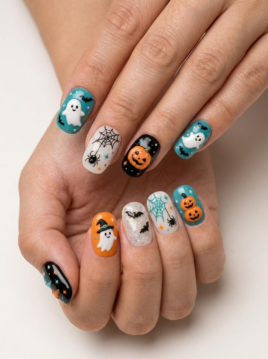 Teal Halloween Press On Nails With Ghosts, Pumpkins, Bats and Spiderwebs