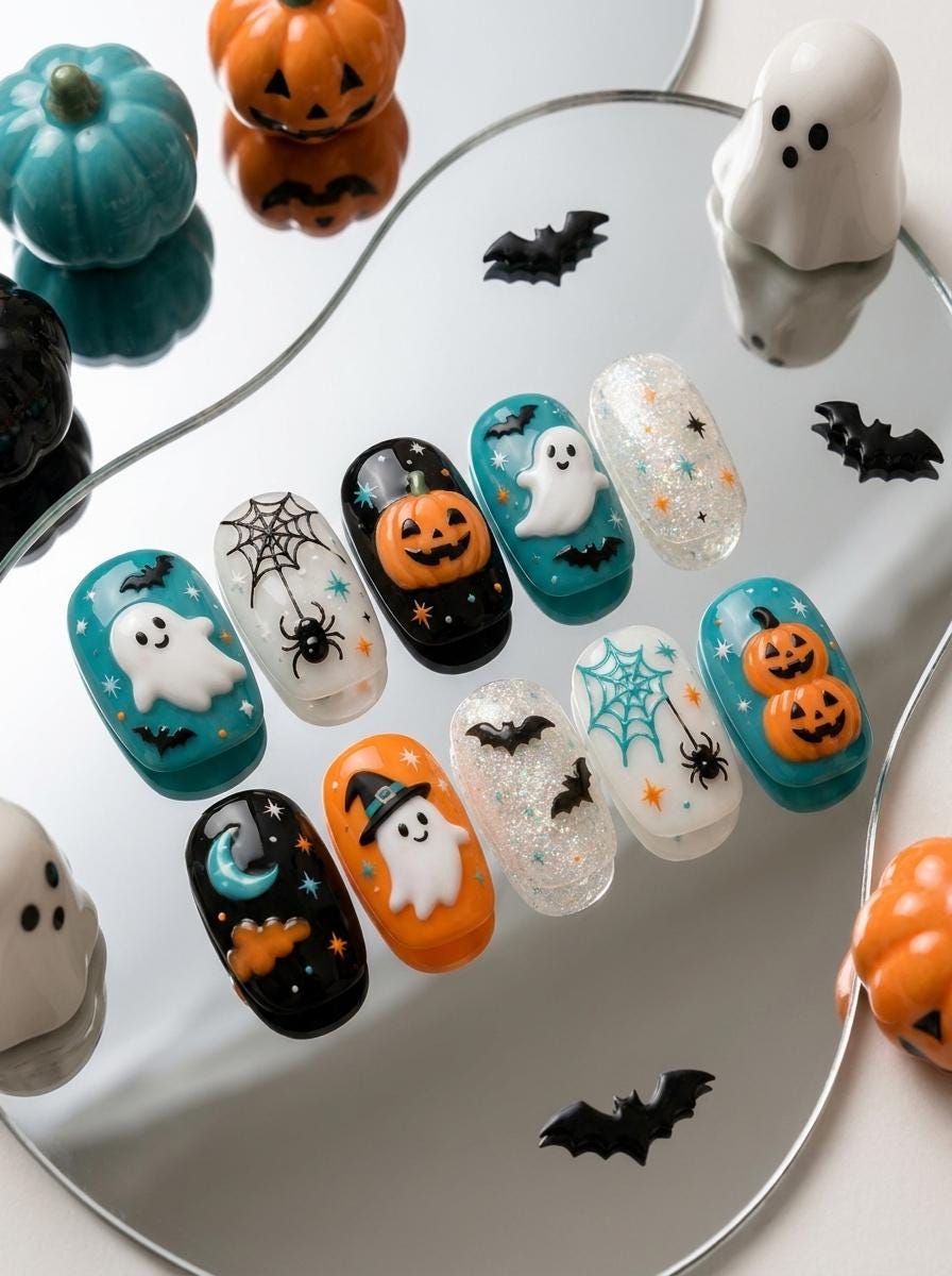 Teal Halloween Press On Nails With Ghosts, Pumpkins, Bats and Spiderwebs