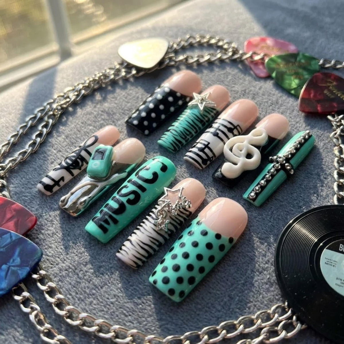 Teal Retro Music Player Press On Nails With Zebra Stripes and 3D Details