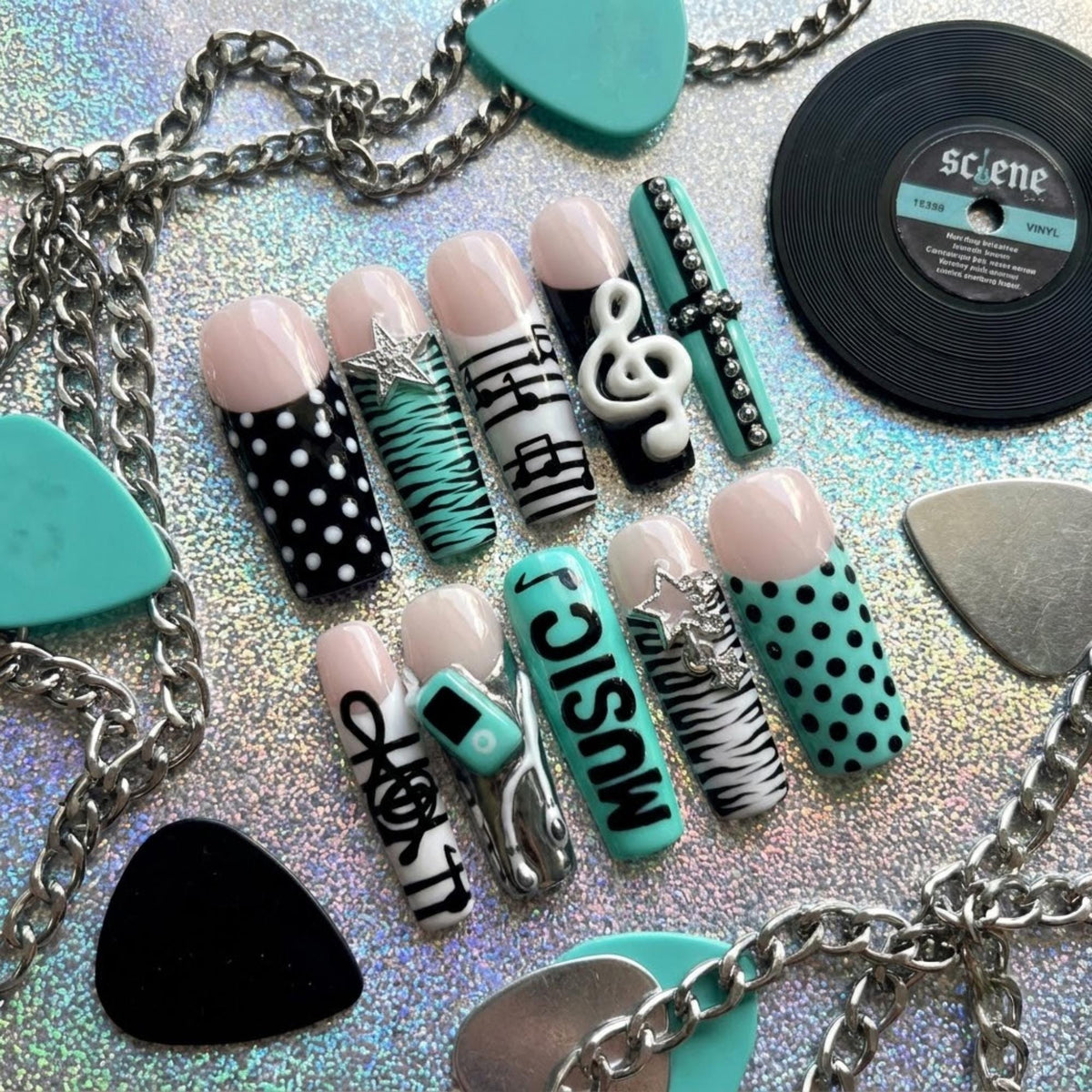 Teal Retro Music Player Press On Nails With Zebra Stripes and 3D Details