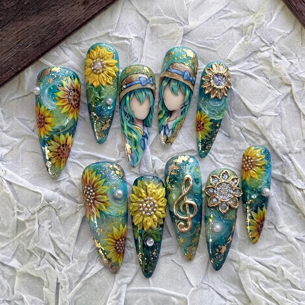 Teal Sunflower Press On Nails With 3D Flowers, Pearls, Rhinestones and Illustrated Details