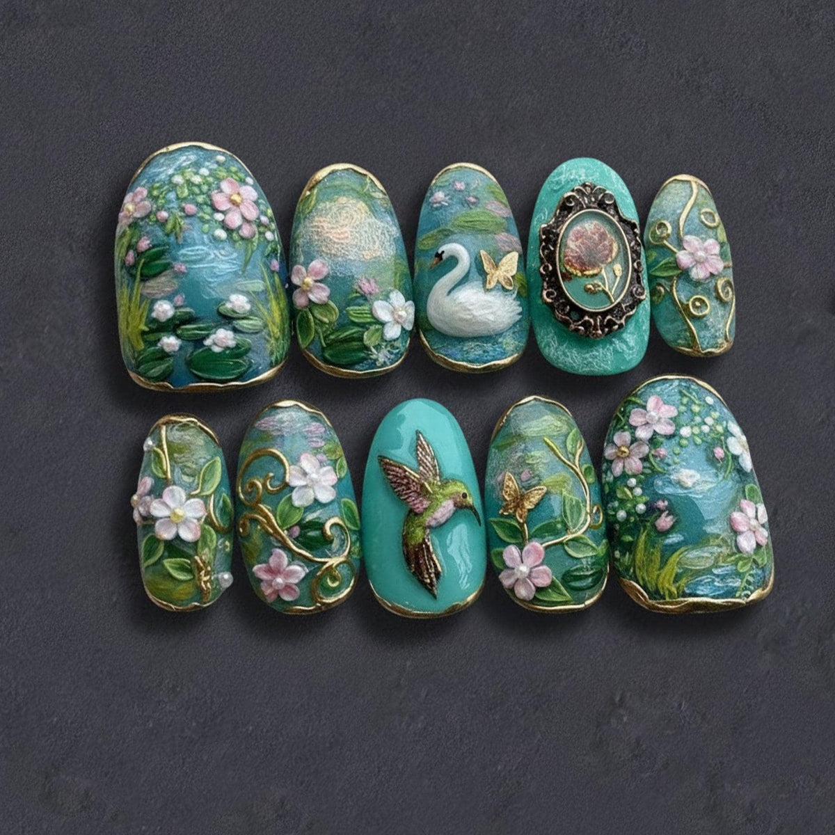 Teal Water Lily Pond Nails With Swan, Hummingbird, and Gold Scrollwork