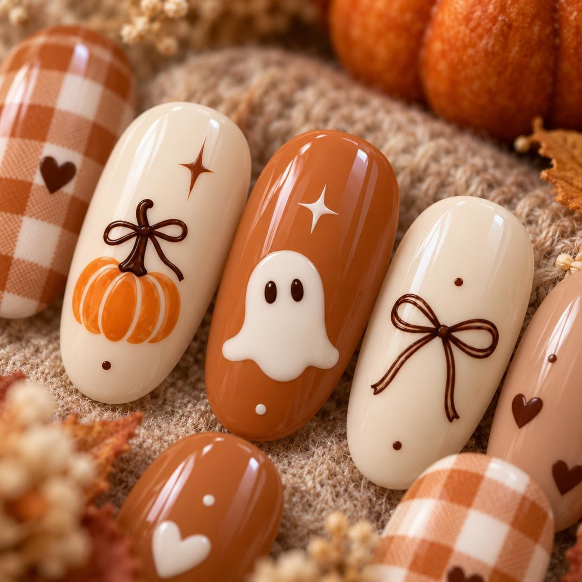 Terracotta and Cream Halloween Nails With Ghosts, Pumpkins, Bows and Gingham