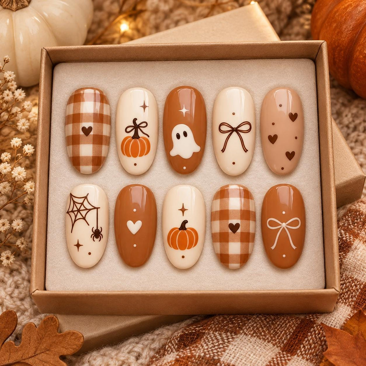 Terracotta and Cream Halloween Nails With Ghosts, Pumpkins, Bows and Gingham