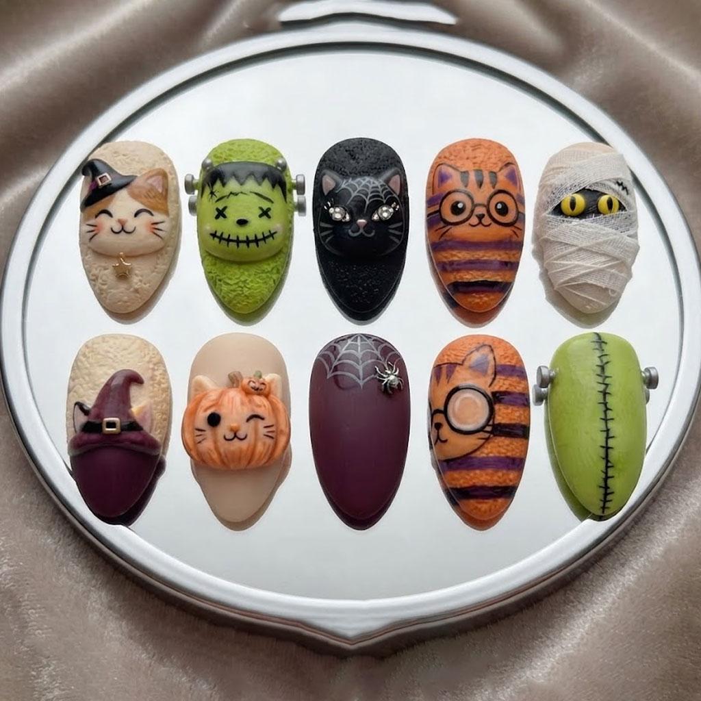 Textured Halloween Press-On Nails with Cats, Frankenstein, Mummy, Pumpkin and Spiderwebs