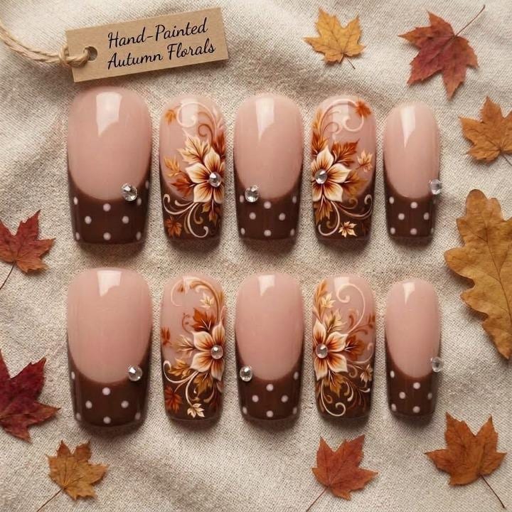 Thanksgiving Autumn Floral Press On Nails with Brown French Tips, White Dots and Rhinestones
