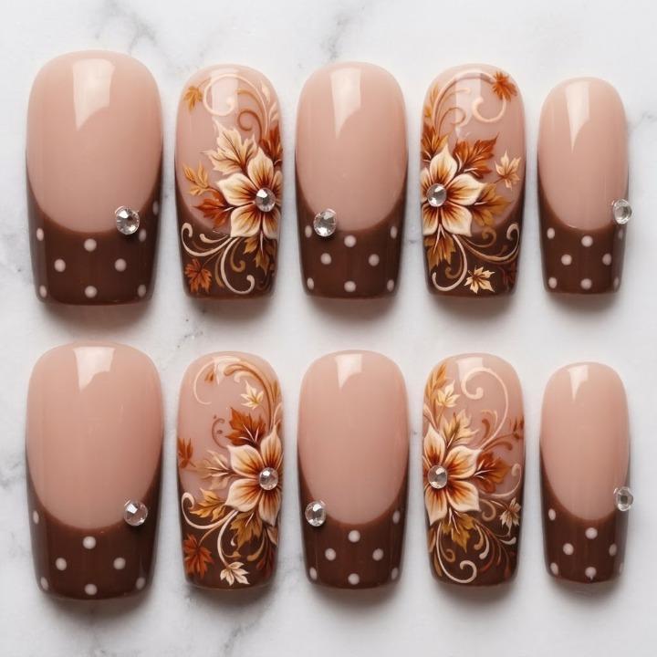 Thanksgiving Autumn Floral Press On Nails with Brown French Tips, White Dots and Rhinestones