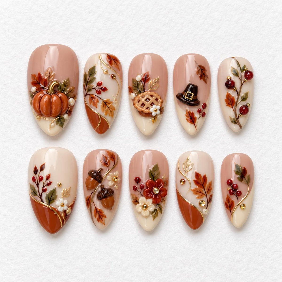 Thanksgiving Autumn Harvest 3D Pumpkin, Acorn, and Pie Press-On Nails