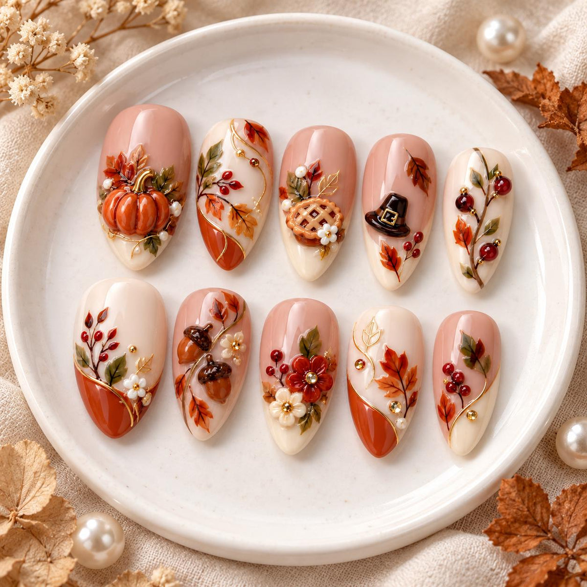 Thanksgiving Autumn Harvest 3D Pumpkin, Acorn, and Pie Press-On Nails