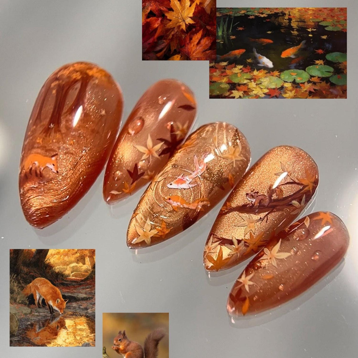 Thanksgiving Autumn Koi Fish and Maple Leaf Cat Eye Press-On Nails