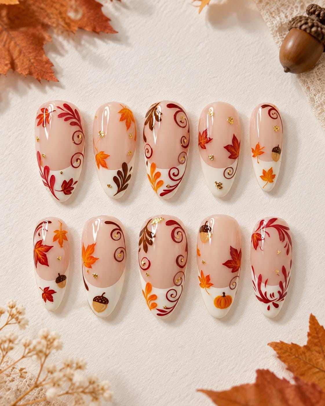 Thanksgiving Autumn Leaf, Pumpkin and Acorn Nail Set