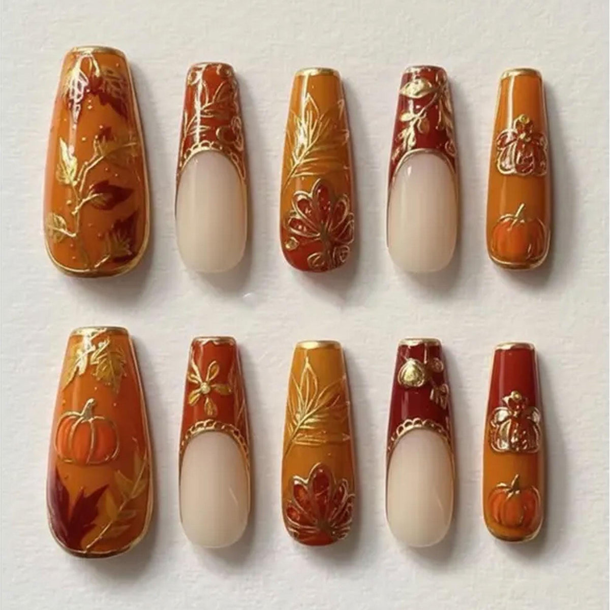 Thanksgiving Autumn Pumpkin and Floral Nails With Gold Linework