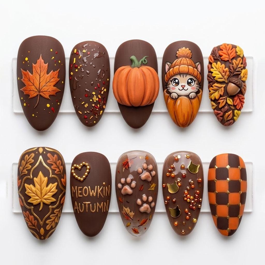 Thanksgiving Brown Pumpkin and Autumn Leaf Press On Nail Set With Cat Art and Plaid