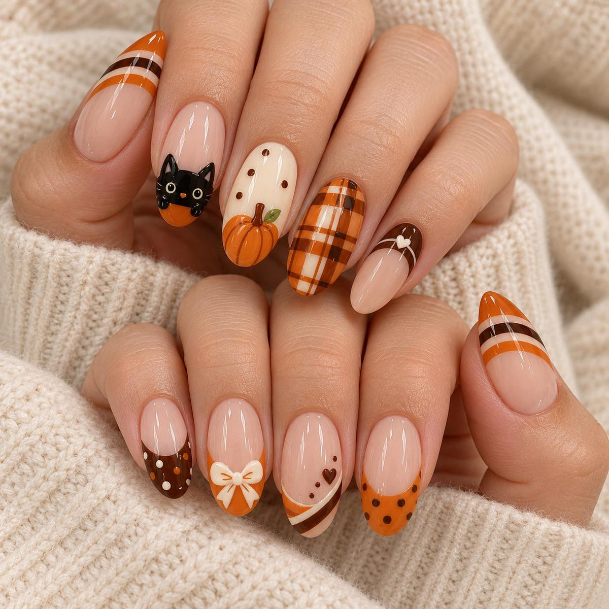 Thanksgiving Cat and Pumpkin Press On Nails with Plaid, Polka Dots, Hearts, and Bow