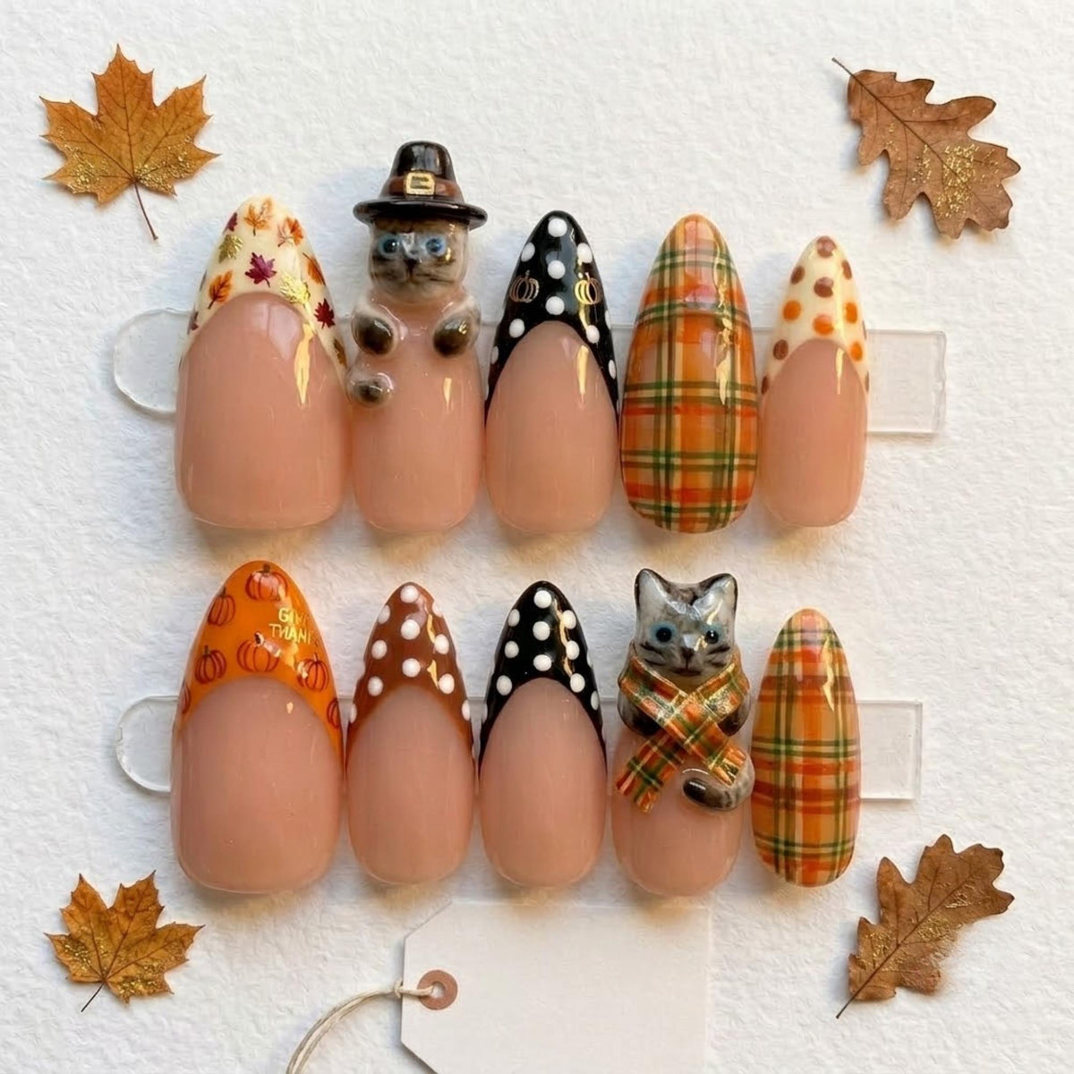 Thanksgiving Cat Press On Nails With Pumpkin, Plaid, and Polka Dot Details