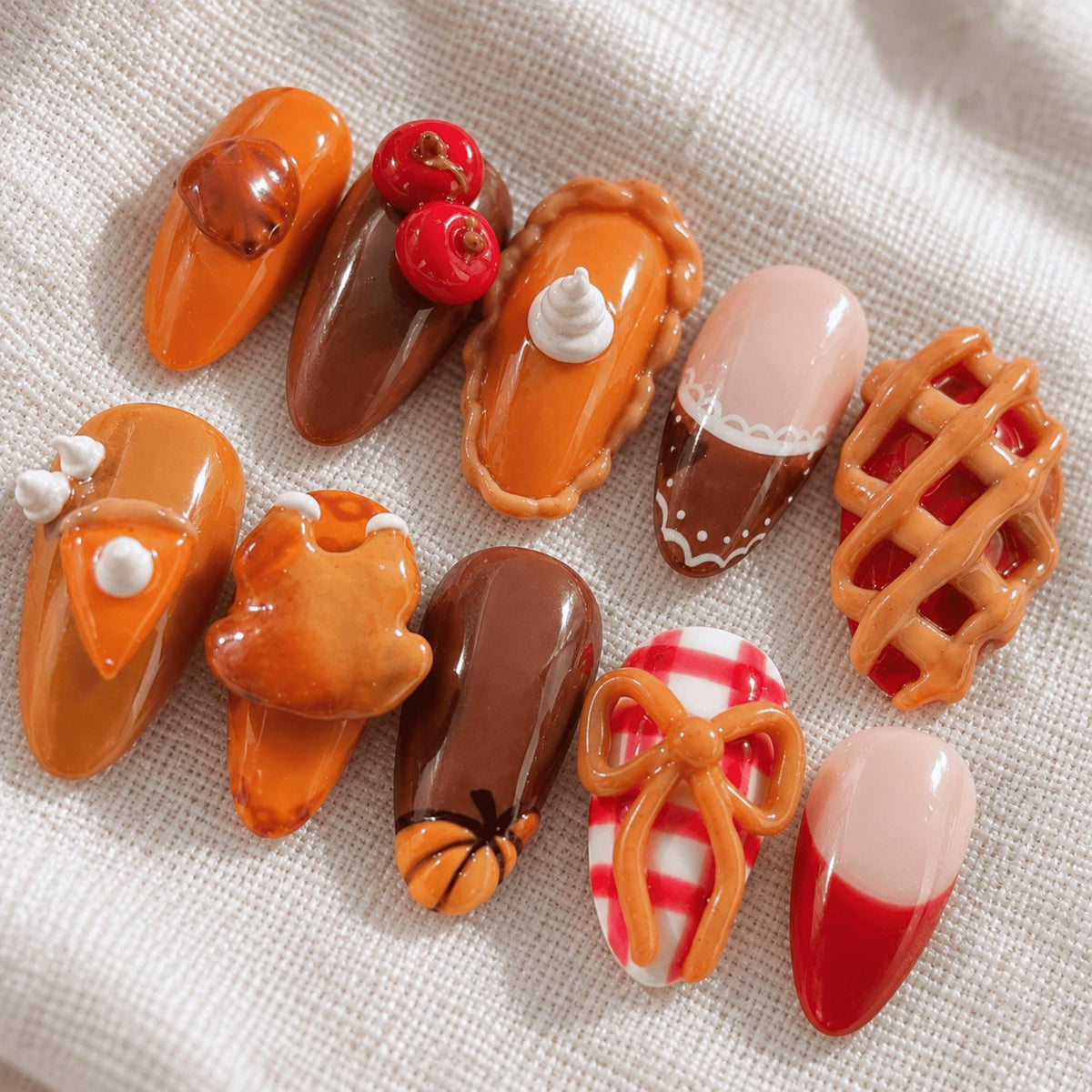 Thanksgiving Dessert Press On Nails With 3D Pie Details