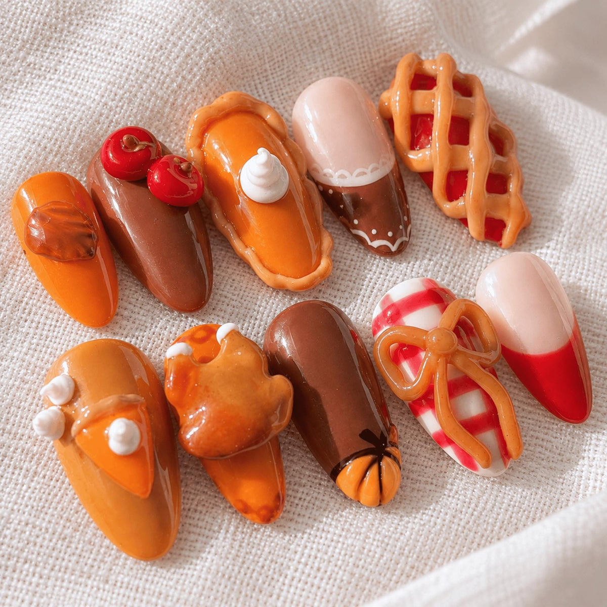 Thanksgiving Dessert Press On Nails With 3D Pie Details