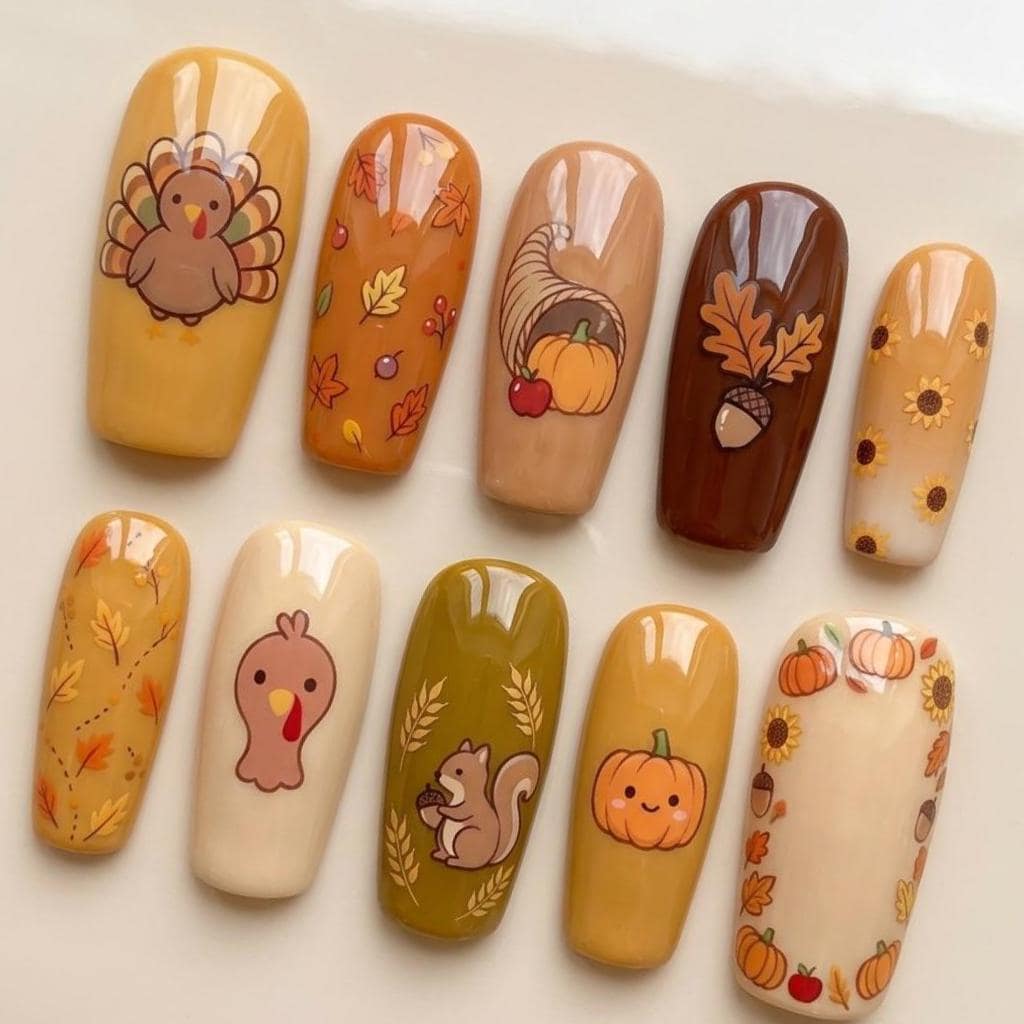 Thanksgiving Fall Harvest Press On Nail Set With Turkeys, Pumpkins, and Sunflowers