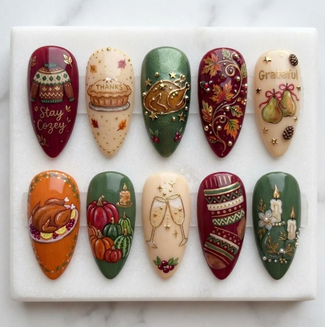 Thanksgiving Fall Harvest Press On Nails With Turkey, Pumpkins and Sweater Patterns
