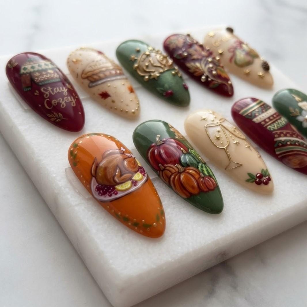 Thanksgiving Fall Harvest Press On Nails With Turkey, Pumpkins and Sweater Patterns