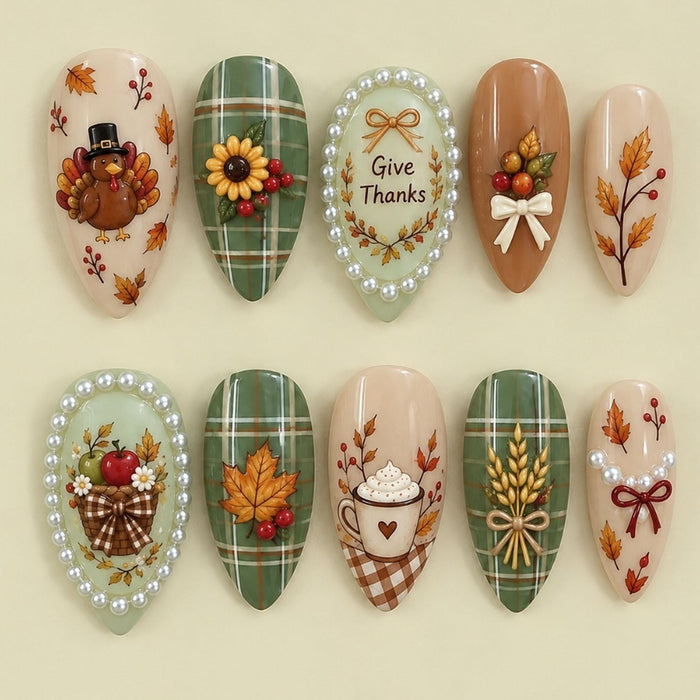 Thanksgiving Fall Press On Nails With Turkey, Green Plaid, Leaves and Give Thanks Art