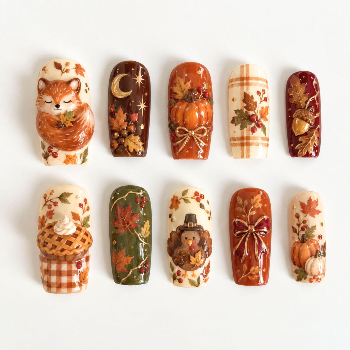 Thanksgiving Fox, Turkey, Pumpkin and Pie 3D Fall Nail Set