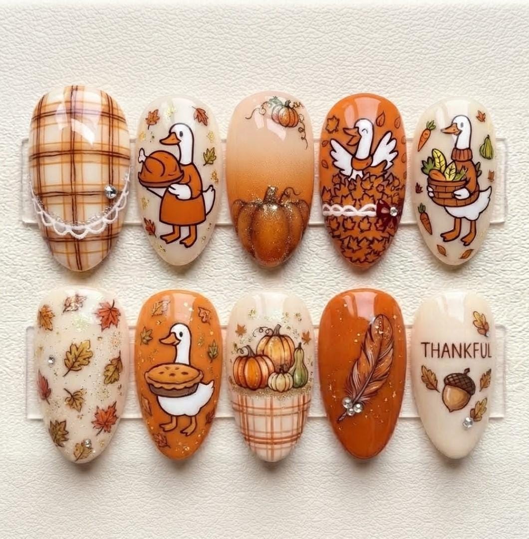 Thanksgiving Goose Press On Nails With Fall Plaid, Pumpkins, and Autumn Leaves