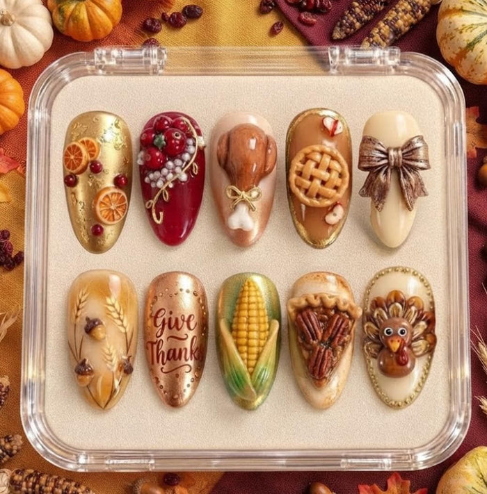 Thanksgiving Harvest Food Art Press On Nails with 3D Pie, Turkey, Corn and Bow Details