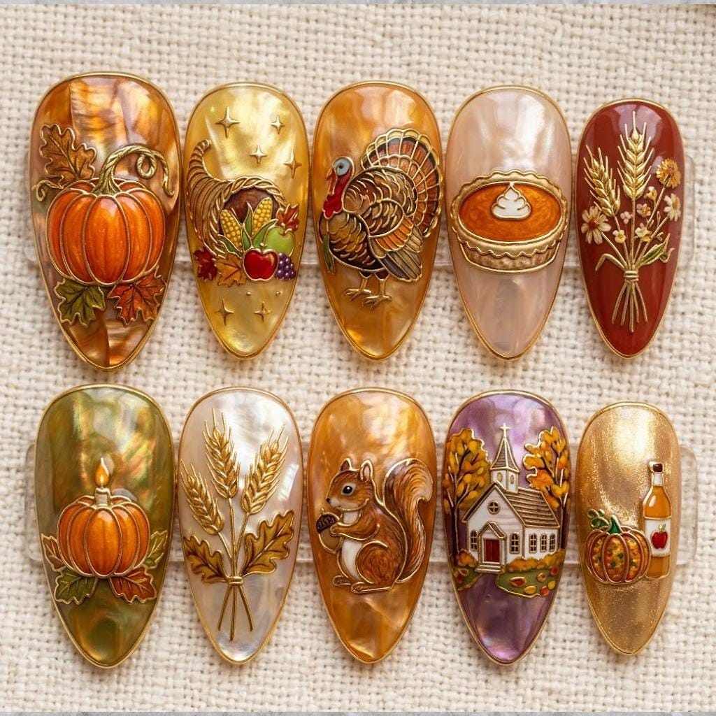 Thanksgiving Harvest Nail Set With Pumpkins, Turkey, Pie and Autumn Leaves
