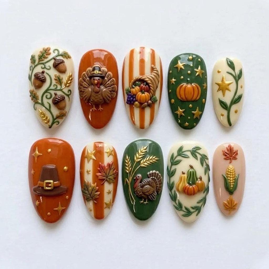 Thanksgiving Harvest Nail Set With Turkeys, Pumpkins, Acorns, and Autumn Leaves