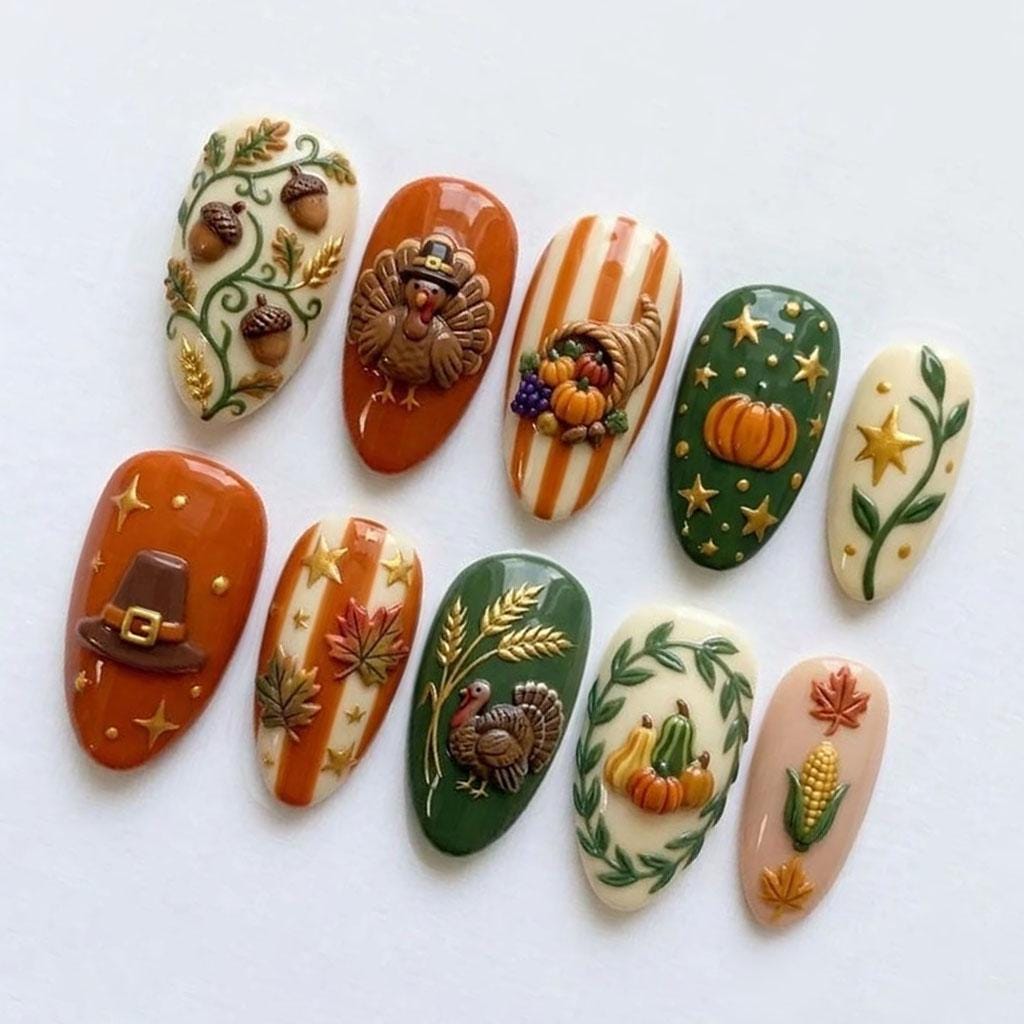 Thanksgiving Harvest Nail Set With Turkeys, Pumpkins, Acorns, and Autumn Leaves
