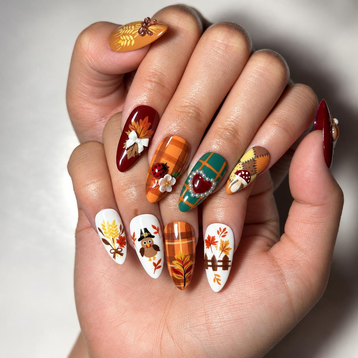 Thanksgiving Harvest Plaid Press On Nails With Pumpkins, Flowers, Mushrooms and Wheat