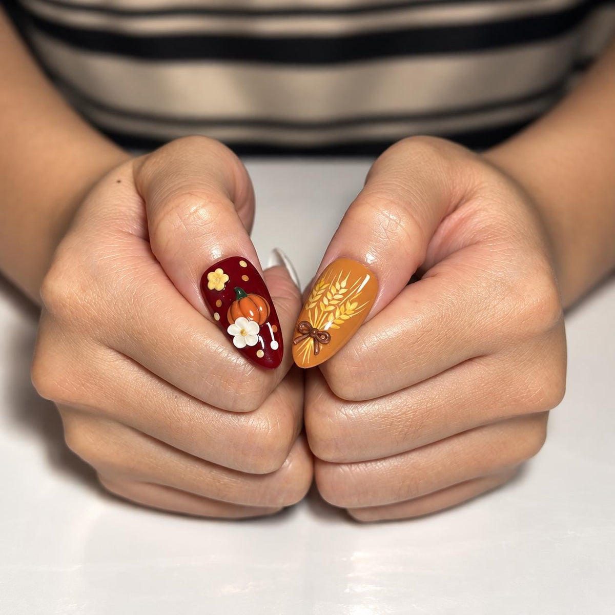 Thanksgiving Harvest Plaid Press On Nails With Pumpkins, Flowers, Mushrooms and Wheat