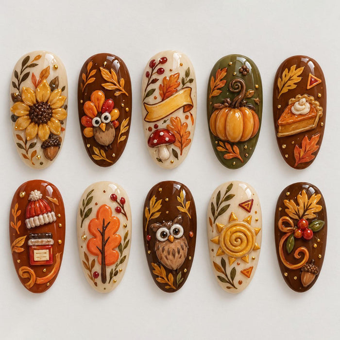 Thanksgiving Harvest Press-On Nail Set With 3D Pumpkins, Leaves, Mushrooms and Animals