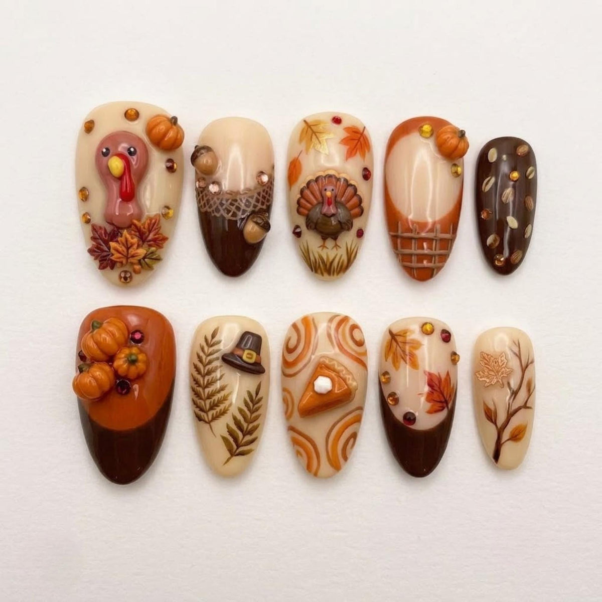 Thanksgiving Harvest Press-On Nail Set With 3D Turkey, Pumpkins, and Fall Leaves