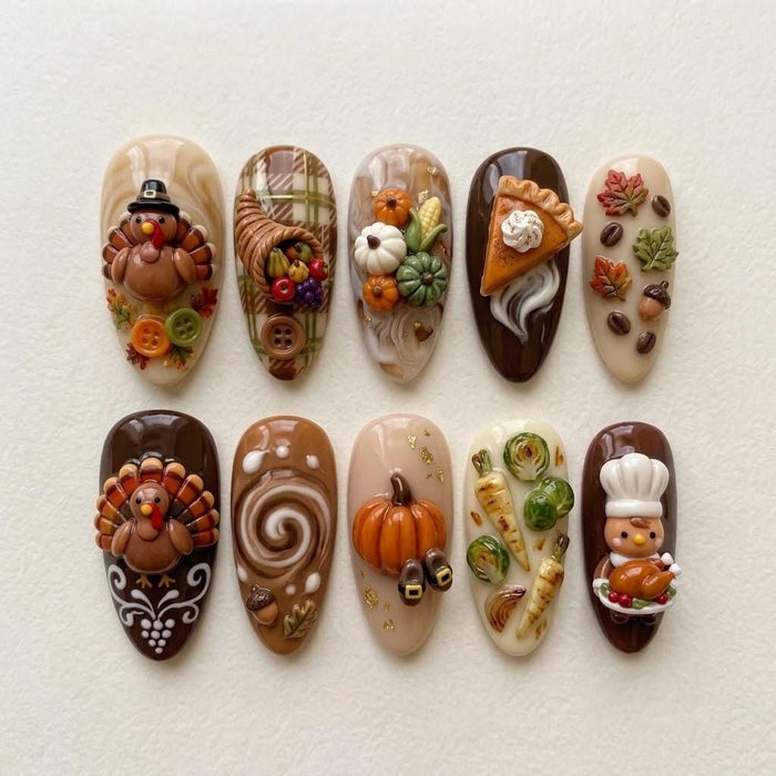 Thanksgiving Harvest Press On Nail Set With 3D Turkeys, Pumpkins and Pie