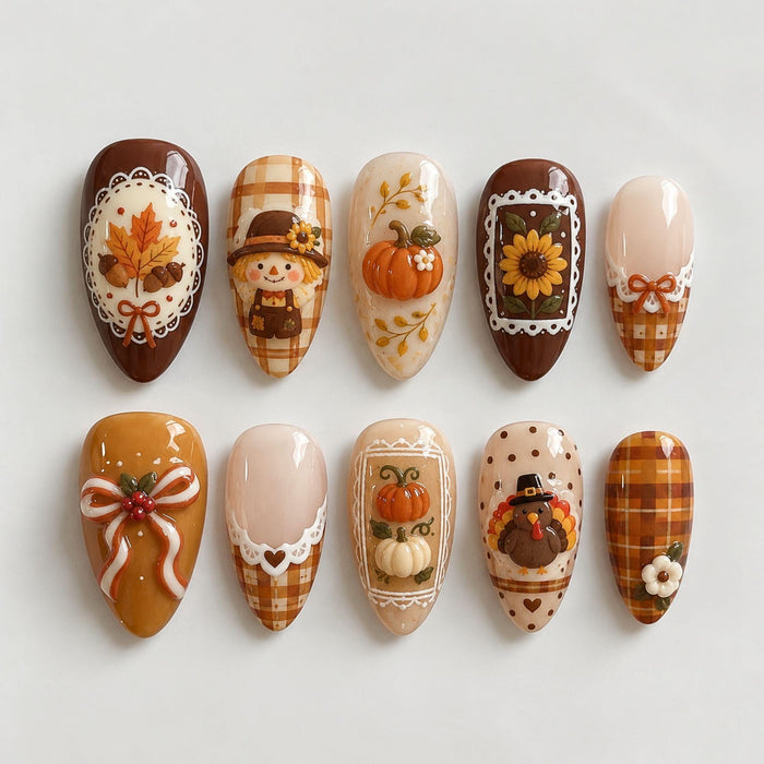 Thanksgiving Harvest Press-On Nail Set With Pumpkins, Turkey, Sunflower and Plaid