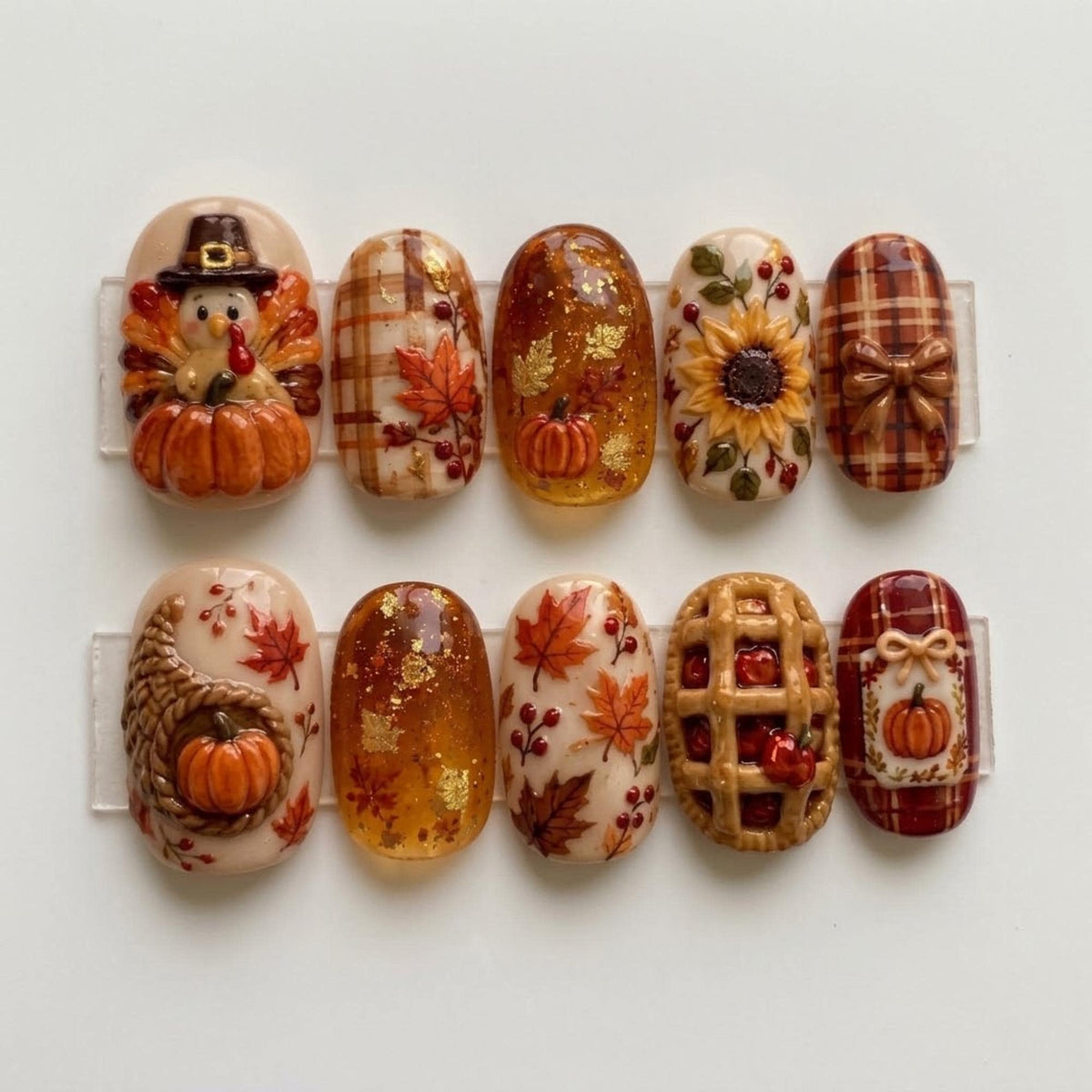Thanksgiving Harvest Press-On Nail Set With Turkey, Pumpkins, Plaid, and Gold Glitter