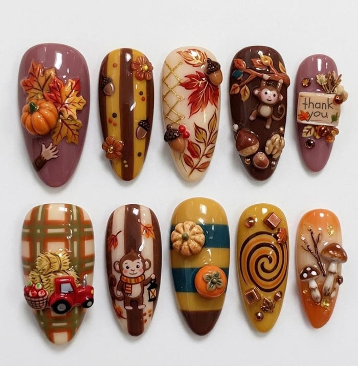Thanksgiving Harvest Press-On Nails With 3D Pumpkins, Mushrooms, Leaves, and Monkeys