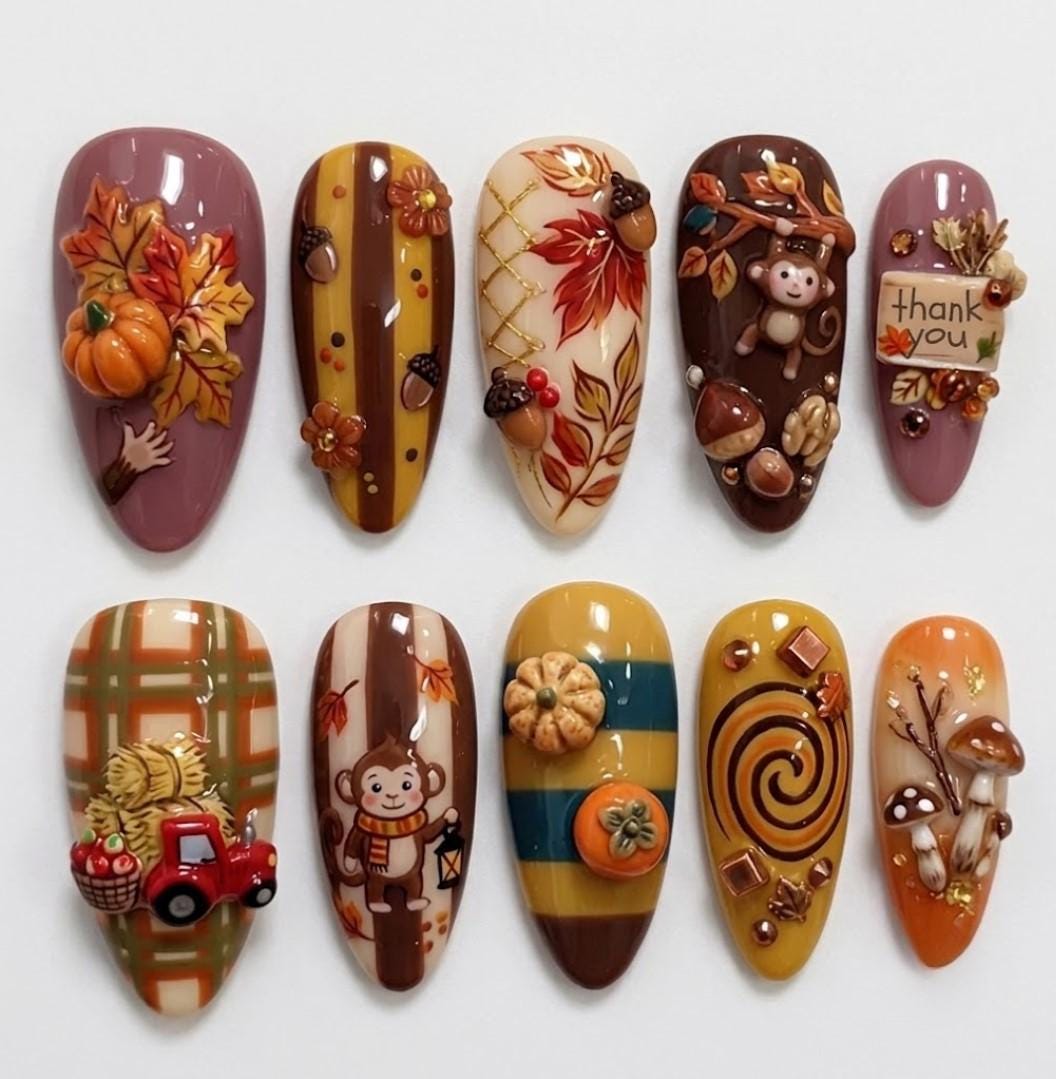 Thanksgiving Harvest Press-On Nails With 3D Pumpkins, Mushrooms, Leaves, and Monkeys
