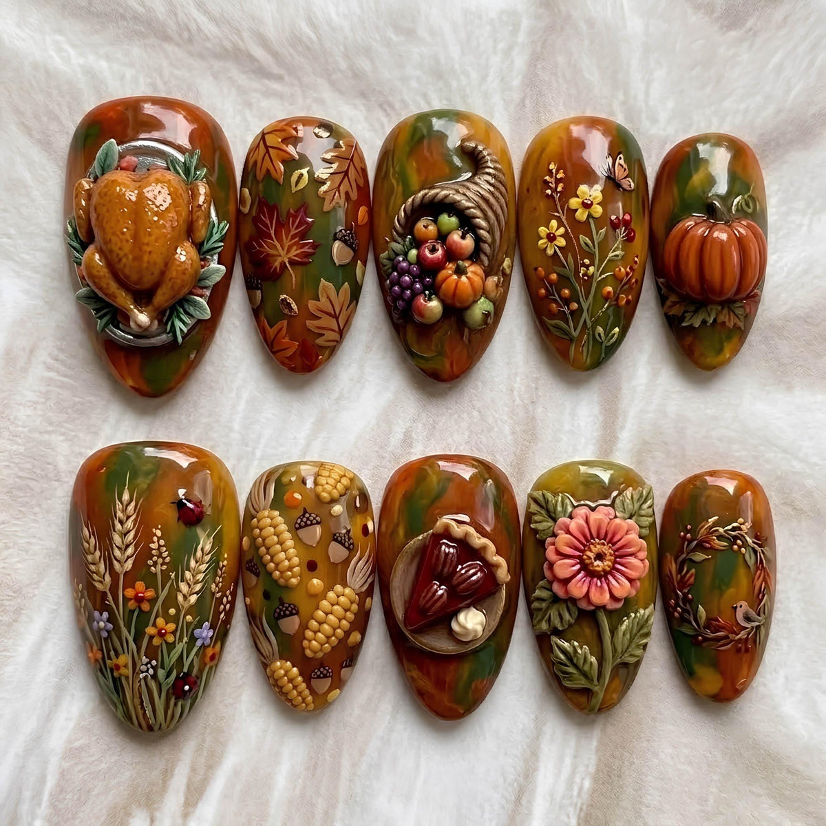 Thanksgiving Harvest Press On Nails with 3D Turkey, Pumpkin, and Cornucopia