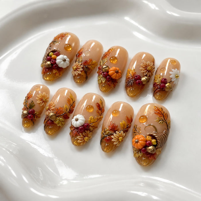 Thanksgiving Harvest Press On Nails with Amber Tones, Autumn Leaves, Flowers and 3D Pumpkins