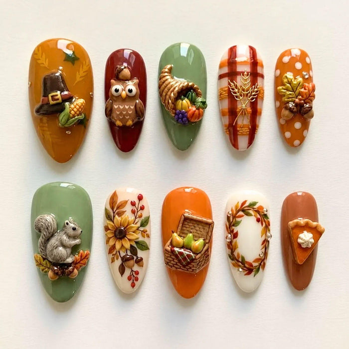 Thanksgiving Harvest Press-On Nails With Owls, Squirrels, Sunflowers, and Pumpkin Pie