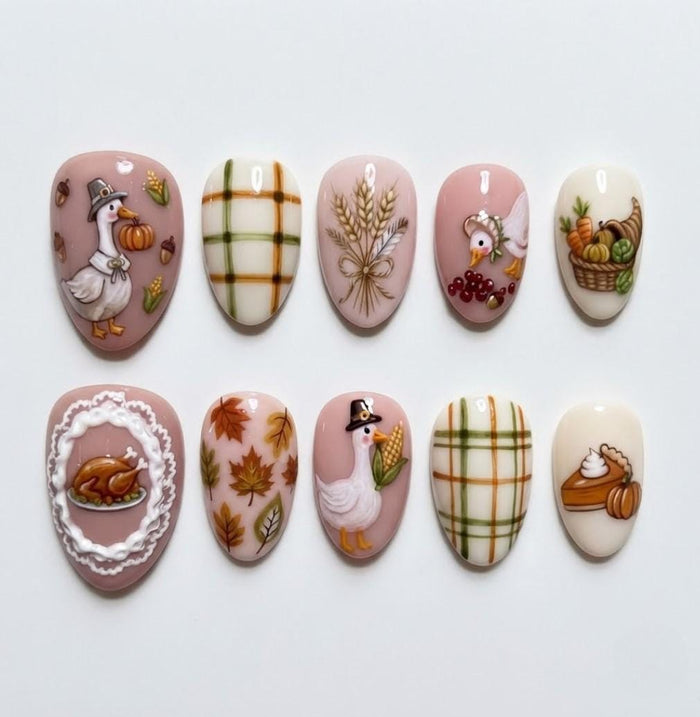 Thanksgiving Harvest Press On Nails With Pilgrim Geese, Fall Plaid, Leaves and Turkey