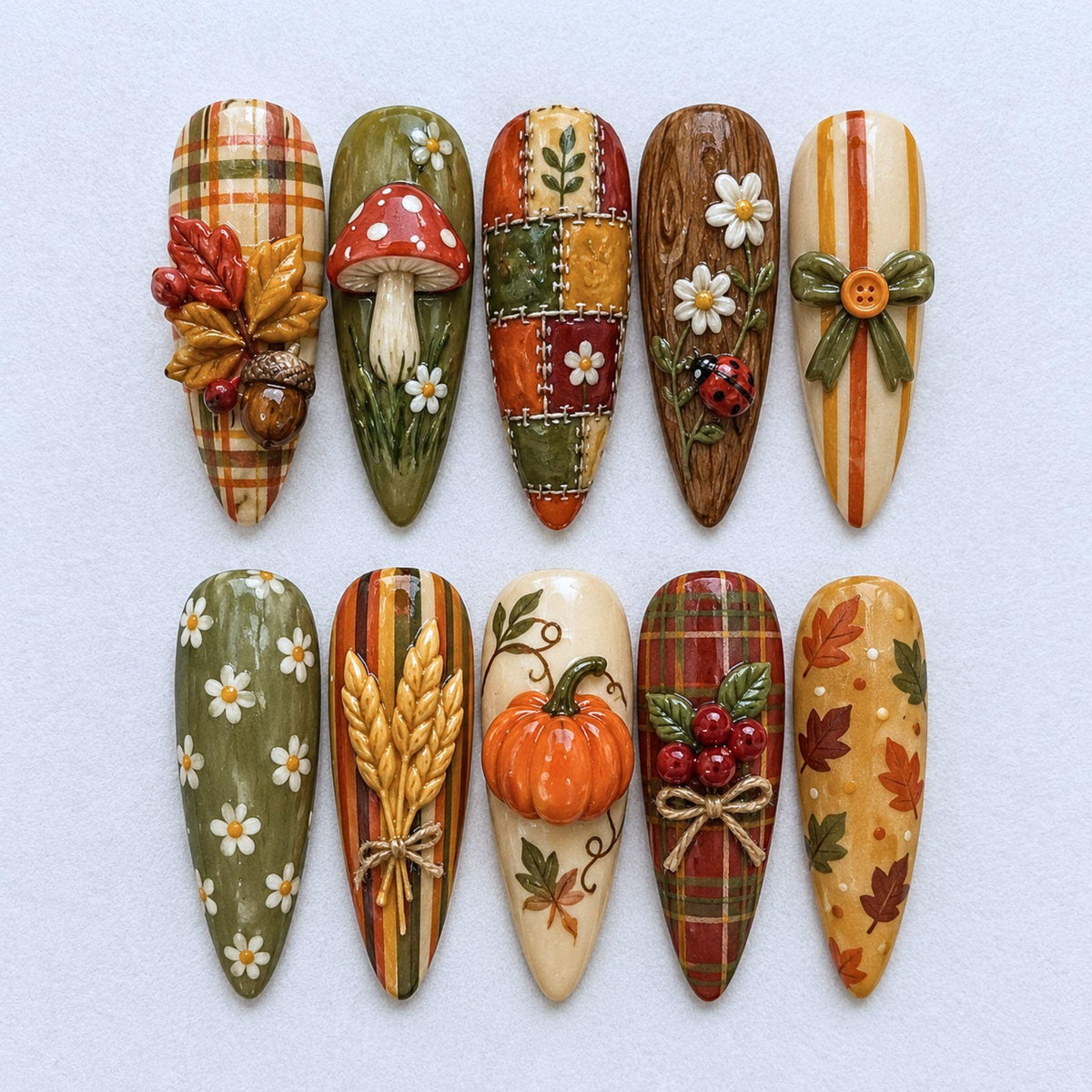 Thanksgiving Harvest Press-On Nails With Plaid, Pumpkins, Wheat and 3D Details